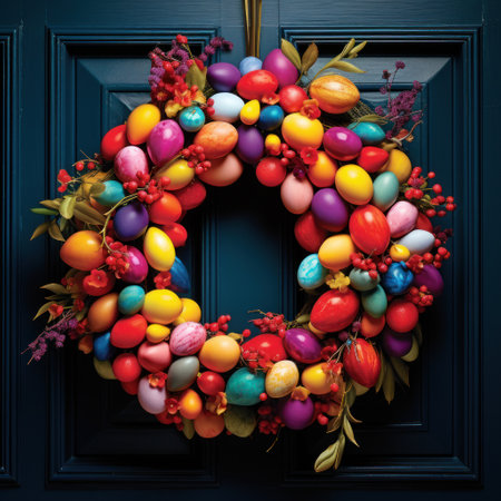 Wreath of Vibrant Eggs Welcomes Guests at Door.の素材