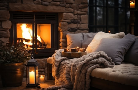 cozy fireside of a living room with a wool blanket and candles for a warm and cozy winter setting.の素材