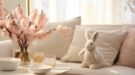 Plush Bunny Pillows and Spring-themed Throws Adorn Sofa.の素材