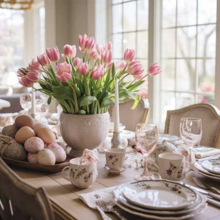 Tulips and Egg-filled Nest Adorn Elegant Dining Setting.の素材
