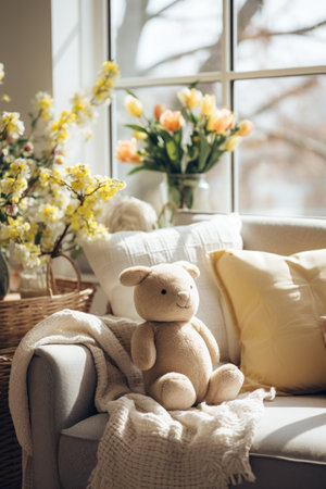 Plush Bunny Pillows and Spring-themed Throws Adorn Sofa.の素材