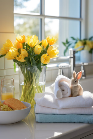 Easter-themed Towels and Fresh Flower Arrangements.の素材