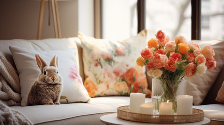 Plush Bunny Pillows and Spring-themed Throws Adorn Sofa.の素材