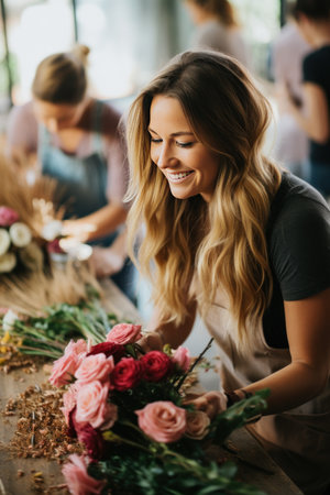 A hands-on home decor scene where individuals are engaged in creating their own floral wreaths.の素材