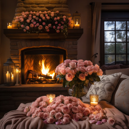 Fireplace adorned with roses, candles, and cozy throws.の素材