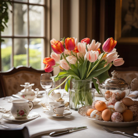 Tulips and Egg-filled Nest Adorn Elegant Dining Setting.の素材