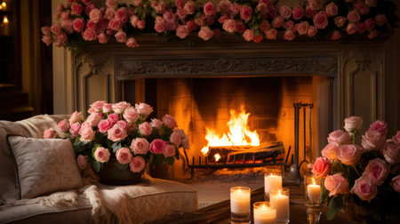 Fireplace adorned with roses, candles, and cozy throws.の素材