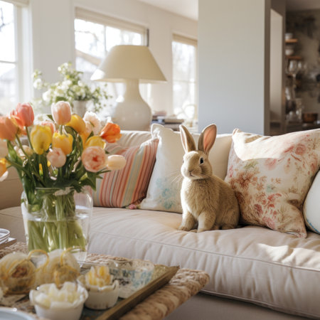Plush Bunny Pillows and Spring-themed Throws Adorn Sofa.の素材