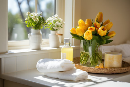 Easter-themed Towels and Fresh Flower Arrangements.の素材