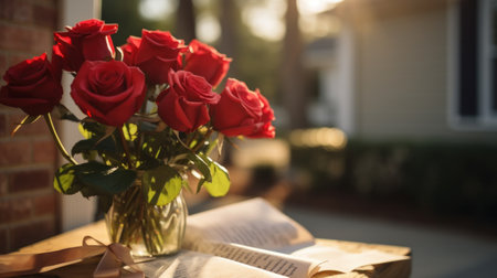 Red Rose Bouquet, Heartfelt Quotes, and Soft Ambient Light..の素材