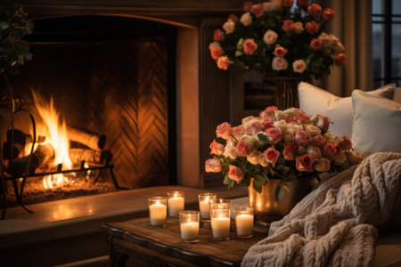 Fireplace adorned with roses, candles, and cozy throws.の素材