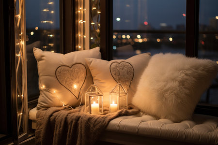 Intimate corner with cushions, candles, and love quotes.の素材