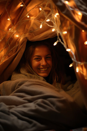Cozy blanket fort, fairy lights, and shared laughter.の素材