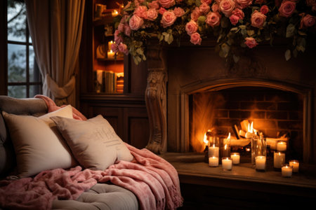 Fireplace adorned with roses, candles, and cozy throws.の素材