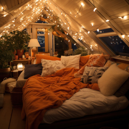 Cozy blanket fort, fairy lights, and shared laughter.の素材