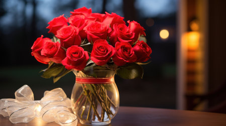 Red Rose Bouquet, Heartfelt Quotes, and Soft Ambient Light..の素材