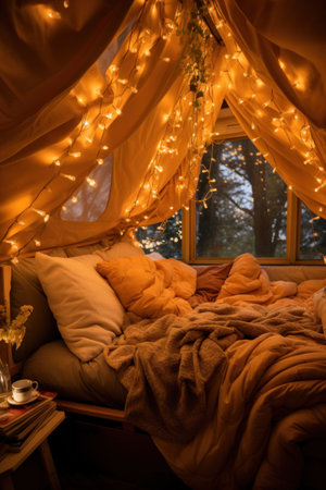 Cozy blanket fort, fairy lights, and shared laughter.の素材