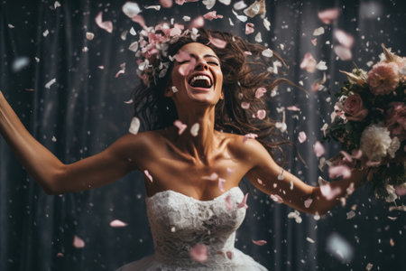 a bride is throwing confetti over her head.の素材