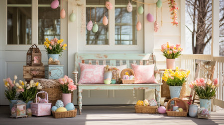 Quaint Country Porch Decorated with Hand-Painted Wooden Easter Signs.の素材