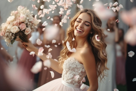 a bride is throwing confetti over her head.の素材