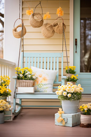 Quaint Country Porch Decorated with Hand-Painted Wooden Easter Signs.の素材