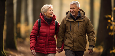 senior couple walking together in the woods.の素材