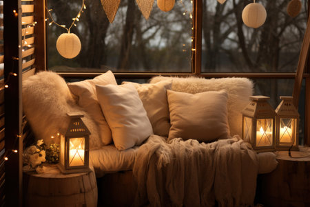 Intimate corner with cushions, candles, and love quotes.の素材