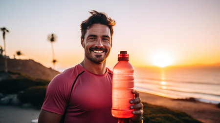 smiling man wearing pink shirt holding a water bottle at sunset.の素材