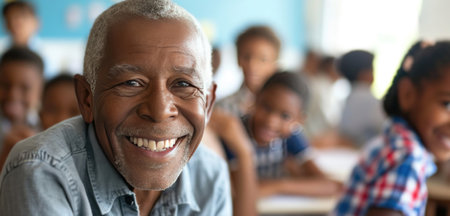 person smiling in front of people in school classroom, grandparentcore.の素材