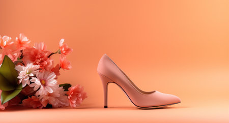 high heel pink high heeled shoes on beige with pink flowers on an orange background.の素材
