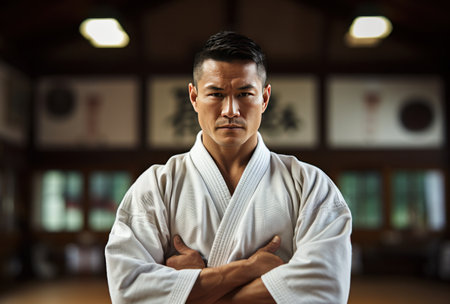 a man in a white karate costume donning his gear.の素材