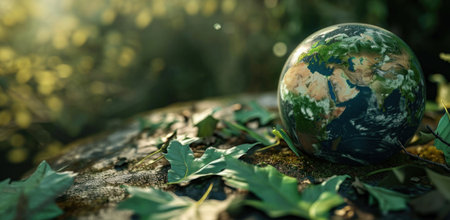 the earth is sitting on a table near leaves.の素材
