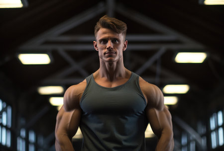 a man posing in the gym with his muscular body.の素材