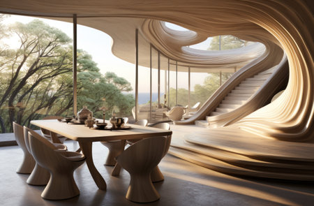 a wooden dining room with curved edges.の素材