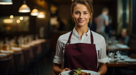 a waitress standing in a restaurant with a plate of food.の素材