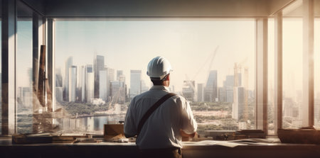 a man in a hard hat overlooking a building city.の素材