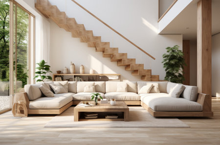 a living room, with white wall and wooden staircase.の素材