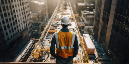 a construction worker is standing in a city.の素材