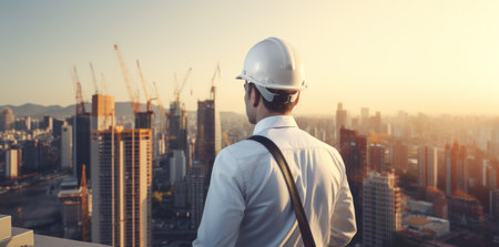 a man in a hard hat overlooking a building city.の素材