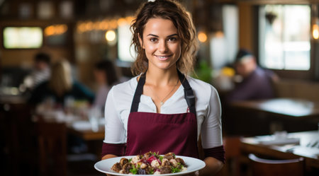a waitress standing in a restaurant with a plate of food.の素材