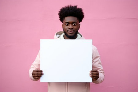 a young black man holding an empty white board greeting card.の素材