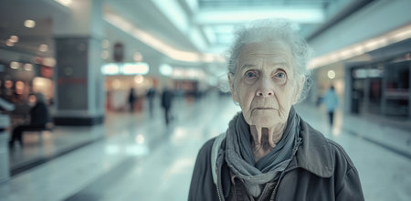 an elderly woman standing in an empty store.の素材