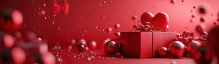 card and valentine's day present on red background.の素材