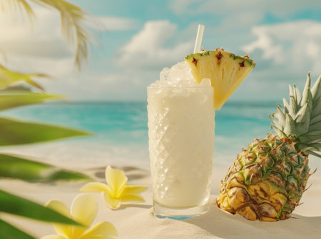 a white drink with pineapple in it on a table near the beach.の素材