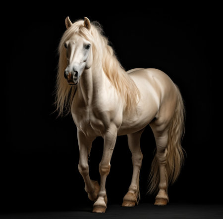a white horse with long hair standing in front of a black background.の素材