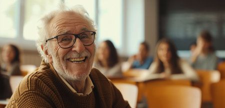 a smiling elderly man is seated in a classroom.の素材
