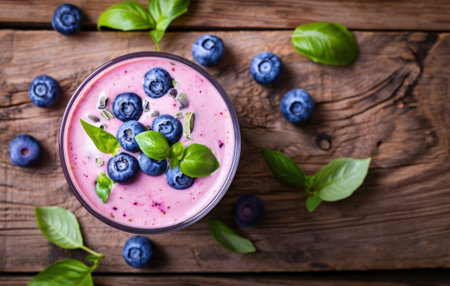 blueberry smoothie with blueberries and basil leaves on wooden table.の素材