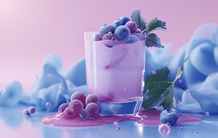 blueberry smoothie with blueberries and basil leaves on wooden table.の素材