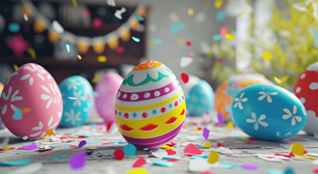 colorful easter eggs on table and white confetti backgrounds.の素材