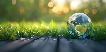 earth day on a wooden table with green grass.の素材